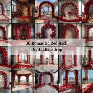 30x Elegant Red Flower Arched Rooms Backdrop, Digital Backdrops, Maternity Backdrop, Photography, Digital Backgrounds, Photoshop Textures