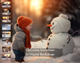 16 Christmas Snowman Digital Backdrops For Photography, Winter Digital Background, Photoshop Overlays, Snow Photo Portrait, Studio Composite