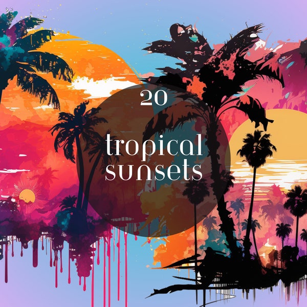 Watercolor Tropical Sunsets Clipart, these beach landscapes are for commercial use, instant digital download in PNG format & transparent