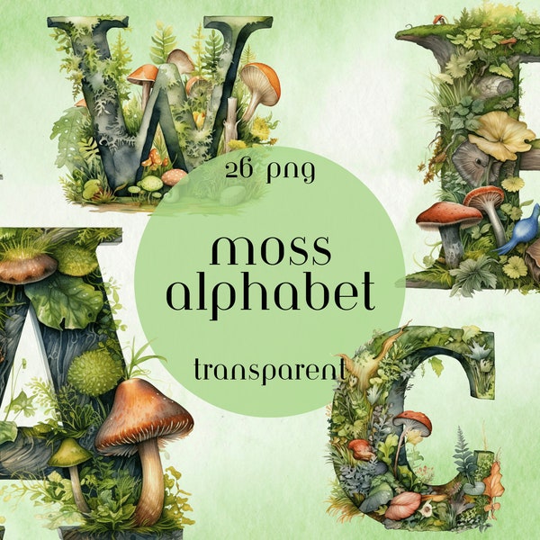 Watercolor Moss Alphabet Letters, this fungi mushroom font is for commercial use, instant digital download in PNG format & transparent