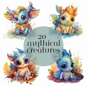 Watercolor Colourful Mythical Creatures Clipart, these cute creatures are for commercial use, instant digital download in PNG format