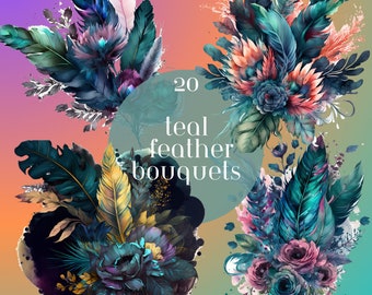 Aquarel Teal Feather boeketten clipart, deze bloemboeketten zijn voor commercieel gebruik, instant digitale download in PNG-formaat, transparant