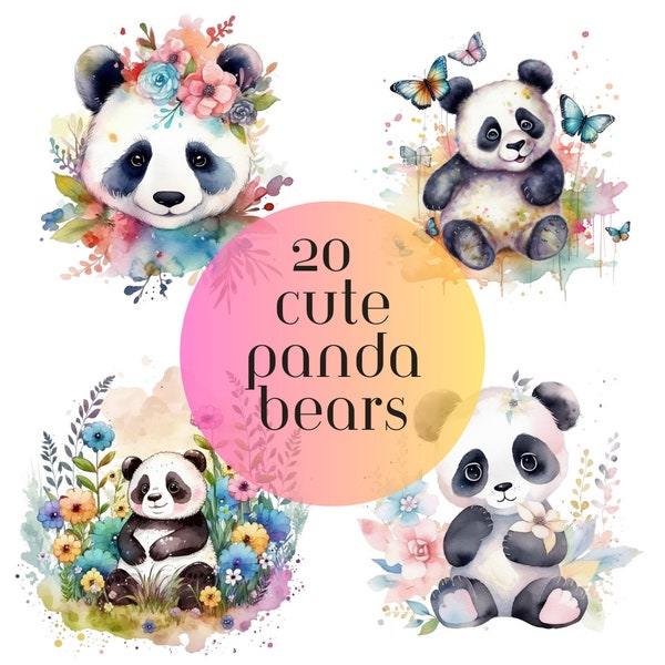 Cute Watercolor Panda Clipart, these baby panda bears are for commercial use, instant digital download in PNG format & transparent