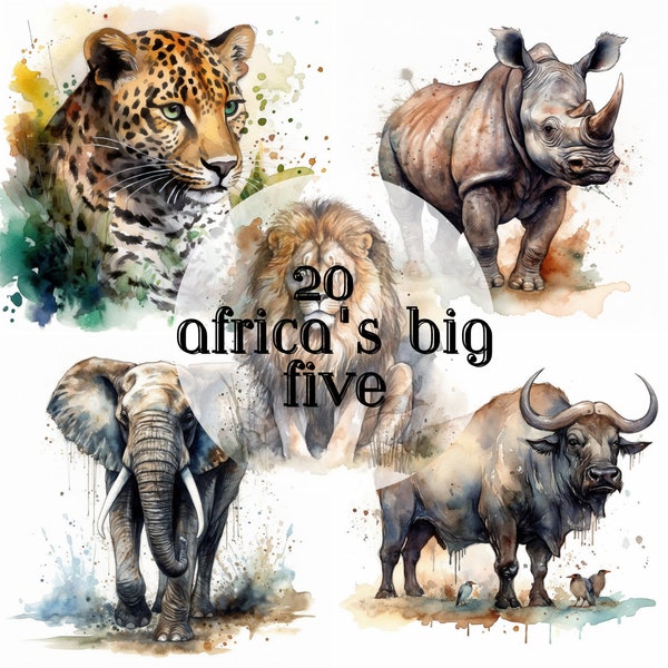 Paquete de imágenes prediseñadas de acuarela Safari: Elefante, Rinoceronte, León, Leopardo, Búfalo - Descarga digital, Scrapbooking, Decoración de fiestas, Arte de pared, PNG