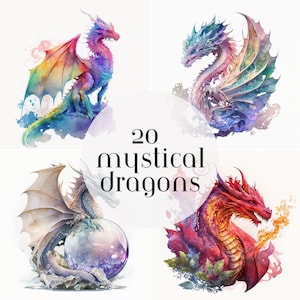 Watercolor Colorful Fantasy Dragon Clipart - Fairytale images are for commercial use, instant digital download in PNG format & transparent