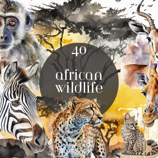 African Wildlife Watercolor Clipart Bundle: Safari animals - Digital Download, Scrapbooking, Party Decoration, Wall art, PNGs, calendar