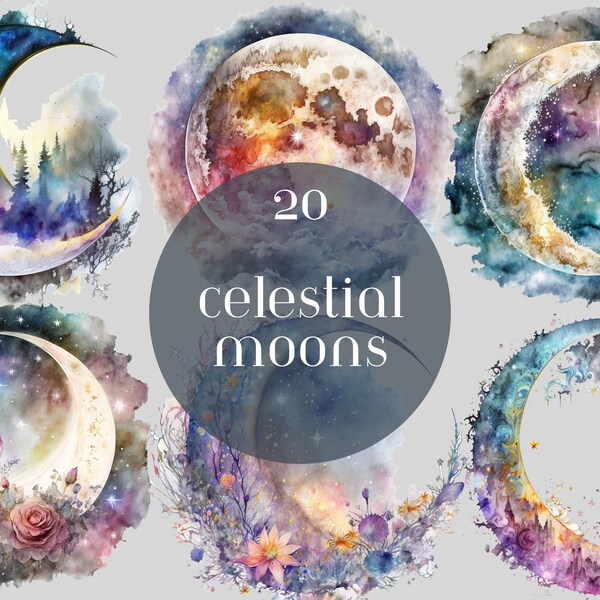 Watercolor Celestial Moons Clipart - heavenly and angelic moons are for commercial use, instant digital download in PNG format & transparent