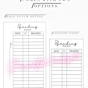 May include: Printable A6 cash envelope budget tracker with two options: hole punch and envelope insert. The tracker has columns for date, plus or minus, and balance. The text "Spending tracker" and "peaceful budgets" is included.