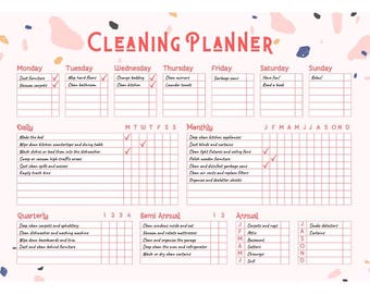 May include: A pink and white printable cleaning planner with a terrazzo pattern background. The planner includes daily, weekly, monthly, quarterly, semi-annual, and annual cleaning tasks.