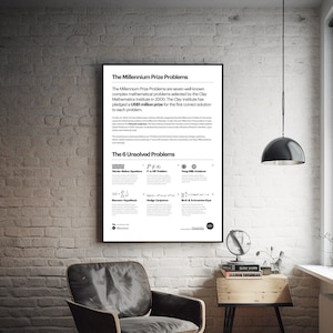 May include: A black and white poster with the title "The Millennium Prize Problems". The poster lists seven well-known complex mathematical problems selected by the Clay Mathematics Institute in 2000. The poster also includes a section titled "The 6 Unsolved Problems" with descriptions of each problem.