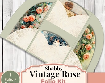 May include: A Shabby Vintage Rose Folio Kit with a pale green frame. The kit includes 4 pages and 300 DPI. The folio features images of roses, a cat, and a child. The text "1 Folio + Extras" is also included.