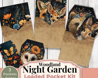 Woodland Night Garden Loaded Pocket Kit, Dark Cottagecore Junk Journal Pocket, Forest Animal Ephemera, Vintage Botanical Pocket Kit
