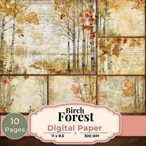 Puede incluir: Conjunto de papel digital con un diseño de bosque de abedules en tonos otoñales dorados, naranjas y marrones. El diseño incluye abedules, hojas y un lago, con superposición de escritura a mano. El conjunto incluye 10 páginas, cada una de 27,9 x 21,6 cm.