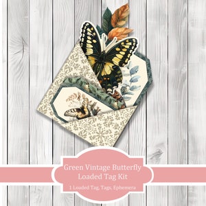 Kit di etichette caricate con farfalla verde vintage - Etichette caricate / Etichette effimere / Artigianato di carta / Immagini di diario spazzatura Clip art / Taglio fussy