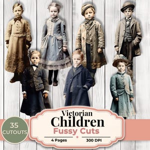 Puede incluir: Una colección de recortes de niños victorianos vintage. Las imágenes muestran niños con ropa de época, incluyendo vestidos, abrigos y sombreros. El texto de la imagen dice "Victorian Children Fussy Cuts, 35 Cutouts, 4 Pages, 300 DPI."