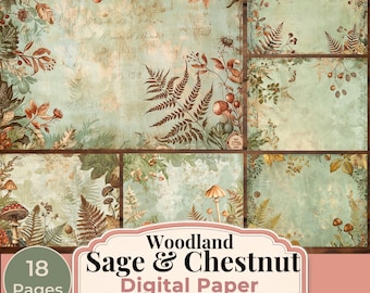 Sage Woodland Digital Paper Pack, Vintage Forest Junk Journal Pages, Botanical Scrapbook Paper, Rustic Nature Printable, 18 Papers