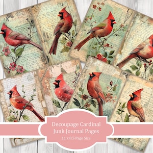 Decoupage Cardinal -  Journal Paper Set, Junk Journal Pages, Flower Junk Journal Paper, Printable Journal, Scrapbook Paper, Digital Paper