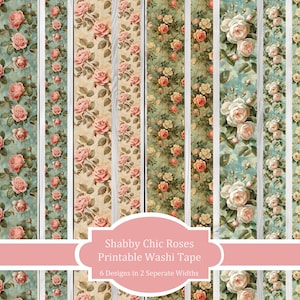 Afdrukbare washitape shabby chic rozen, afdrukbare papieren stroken, rommeldagboek, scrapbooking, plannerstickers