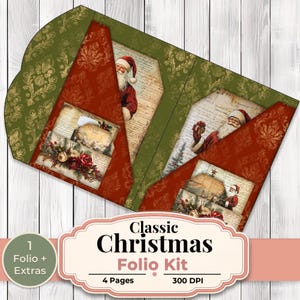 Pode incluir: Um kit de folheto de Natal clássico com um design verde e vermelho. O kit apresenta imagens do Pai Natal e ilustrações em estilo vintage. O folheto tem uma borda decorativa e inclui o texto "Classic Christmas Folio Kit".