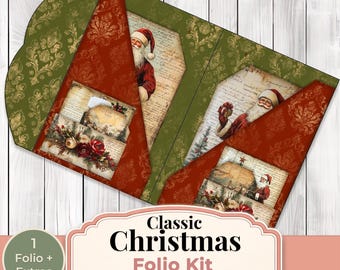 Classic Christmas Folio Kit, Vintage Santa Junk Journal Printable, Christmas Ephemera Kit, Holiday Paper Craft Folio