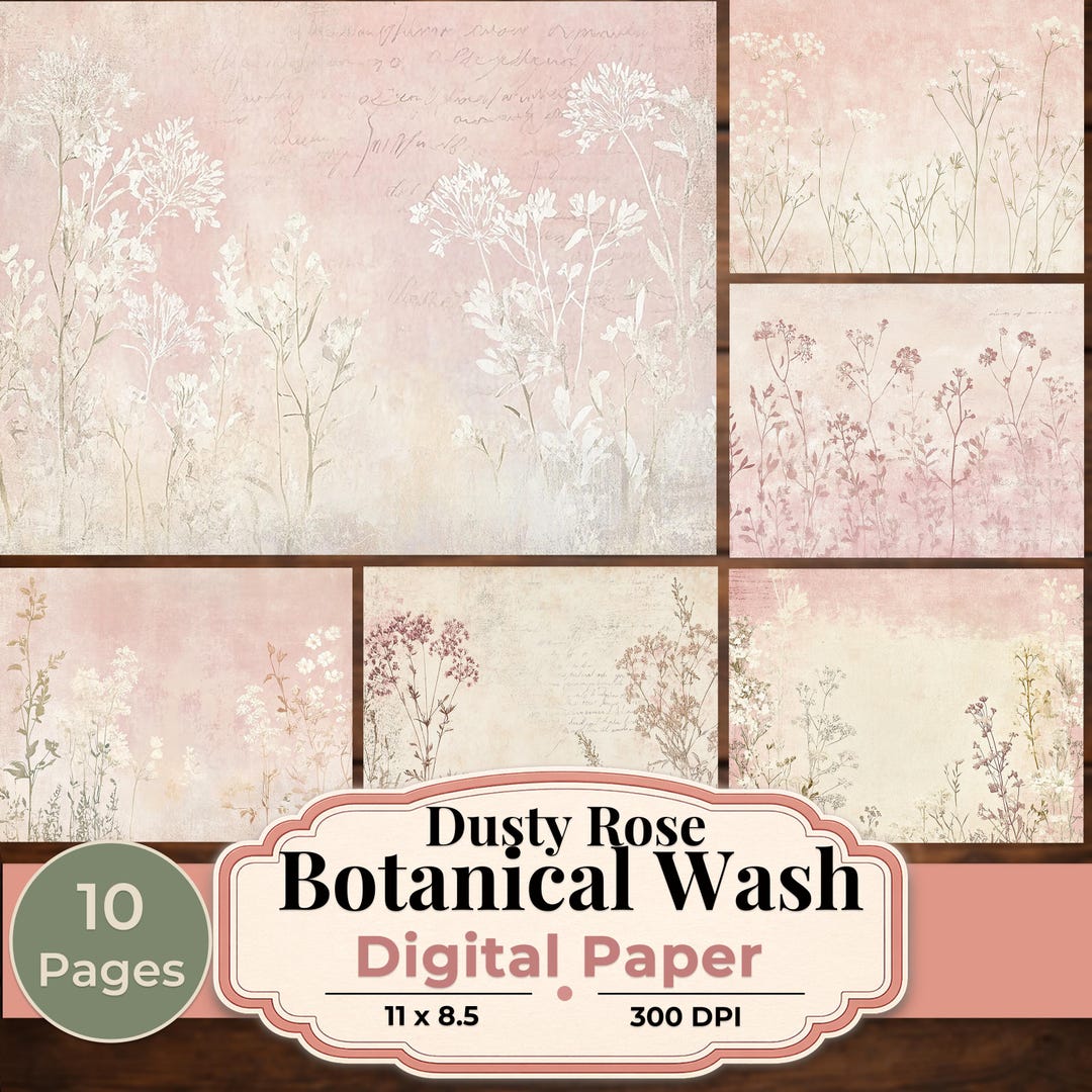 Dusty Rose Digital Paper Pack, Pink Botanical Junk Journal Paper, Soft ...