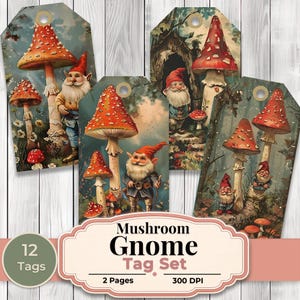 Svampar och tomtar Vintage-etiketter - Collage Scrapbook - Patchwork-etiketter - Ephemera-etiketter - Junk Journal-bilder Clip Art - Fussy Cut