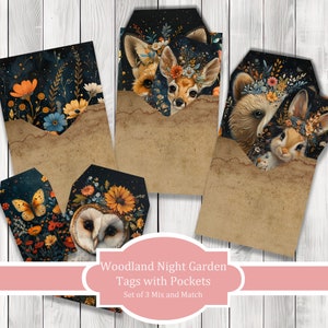 Woodland Night Garden Tag Kit - Tags with Pockets | Ephemera Labels | Paper Craft | Junk Journal Images Clip Art | Fussy Cut