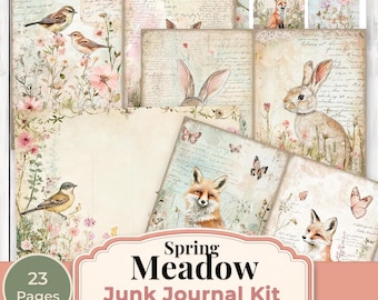 Frühling Wiese Junk Journal Kit, Cottagecore Journal Seiten, Waldtiere Ephemera, Vintage Blumen Printable Kit, Häschen Vogel Fuchs Journal
