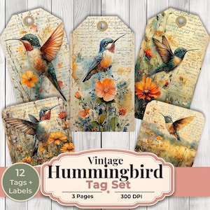 May include: A set of vintage-style hummingbird tags and labels. The tags feature watercolor illustrations of hummingbirds with orange flowers and handwritten script backgrounds. The set includes 12 tags and labels.