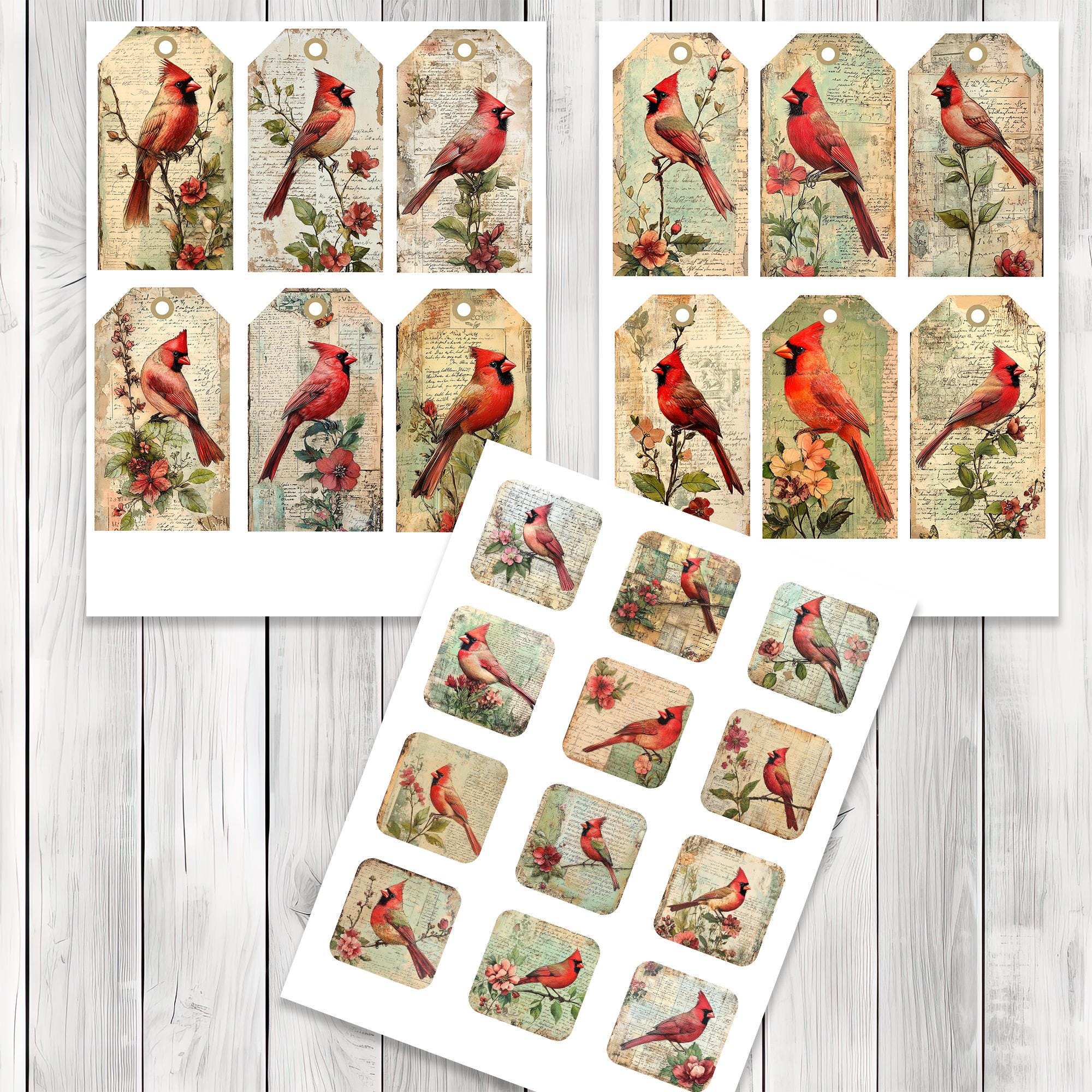 Decoupage Cardinal Tag and Label Set - Collage Scrapbook - Patchwork ...