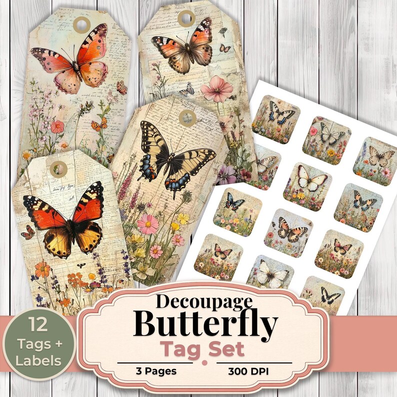 Decoupage Butterfly Tag and Label Set - Collage Scrapbook - Patchwork ...