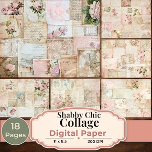 Può includere: Un collage di carta digitale con un'estetica shabby chic. Il design presenta un patchwork di effimeri vintage, tra cui illustrazioni floreali, scritte a mano e trame di carta invecchiata in rosa tenue, crema e marrone. Il testo recita "Shabby Chic Collage Digital Paper 27.9 x 21.6 cm 300 DPI".