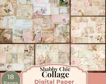 Pink Shabby Chic Collage Digital Paper PNG, Vintage Rose Scrapbook Paper, Junk Journal Backgrounds, Printable Ephemera Pages