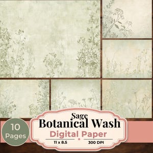May include: A collection of ten digital paper sheets with a sage green botanical wash design. Each sheet features delicate floral and foliage illustrations. The paper measures 11 x 8.5 inches and has a resolution of 300 DPI.