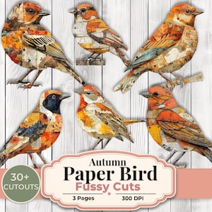 May include: A collection of six paper bird cutouts in shades of orange, brown, and yellow, with a collage design. The birds are perched on branches or standing. The image includes text that reads "Autumn Paper Bird Fussy Cuts."