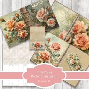Pink Rose Pocket Journal Kit, Junk Journal Kit, Journal Pages, Papers, Ephemera, Tags, Cover, Printable, Scrapbook Kit