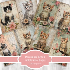Decoupage Kitten -  Journal Paper Set, Junk Journal Pages, Flower Junk Journal Paper, Printable Journal, Scrapbook Paper, Digital Paper