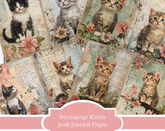 Gatito para decoupage: set de papel para diario, páginas de diario basura, papel de diario basura con flores, diario imprimible, papel para álbumes de recortes, papel digital