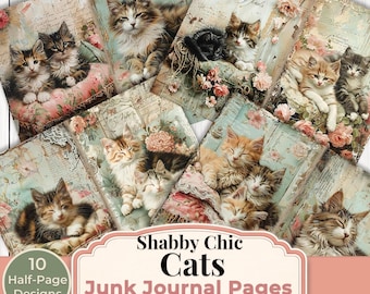 Shabby Chic Cats Junk Journal Pages Printable Cat Digital Paper Set 10 Half-Page Designs Vintage Kitten Download