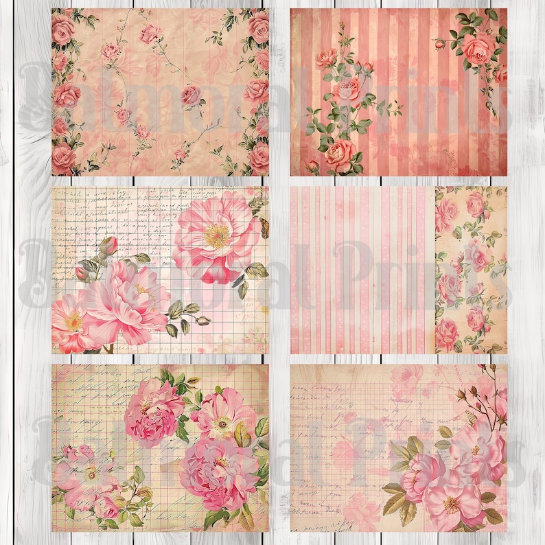 Pink Vintage Rose Digital Paper Pack, Shabby Chic Floral Scrapbook ...
