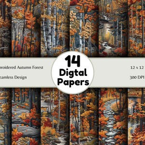 Embroidered Autumn Forest -  Seamless Pattern -  Digital Paper  -  Printable Journal, Scrapbook Paper, Seamless