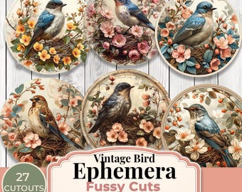 Elementos decorativos vintage de pájaros recortados con precisión, conjunto imprimible de pájaros florales, elementos redondos para diario creativo, recortes suaves y neutros para álbumes de recortes.