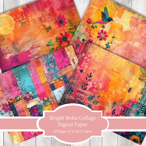 Peut inclure: Un ensemble de 18 papiers numériques présentant des motifs de collages abstraits, lumineux et colorés, avec des motifs floraux et géométriques. Les papiers mesurent 11x8,5 pouces et sont parfaits pour le scrapbooking, la fabrication de cartes et autres projets d'artisanat.