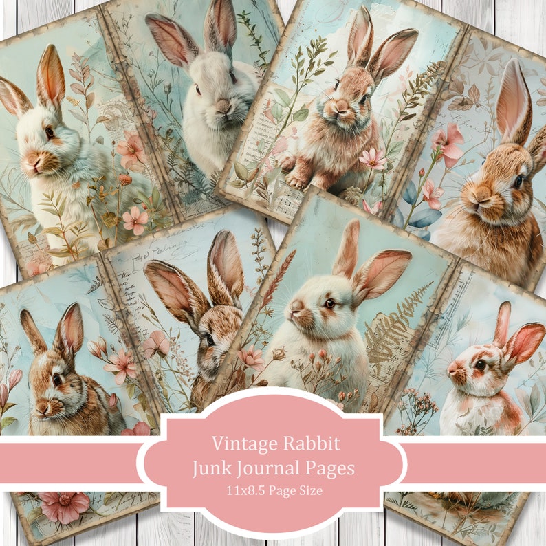 Vintage Rabbits - Journal Paper Set, Junk Journal Pages, Flower Junk ...