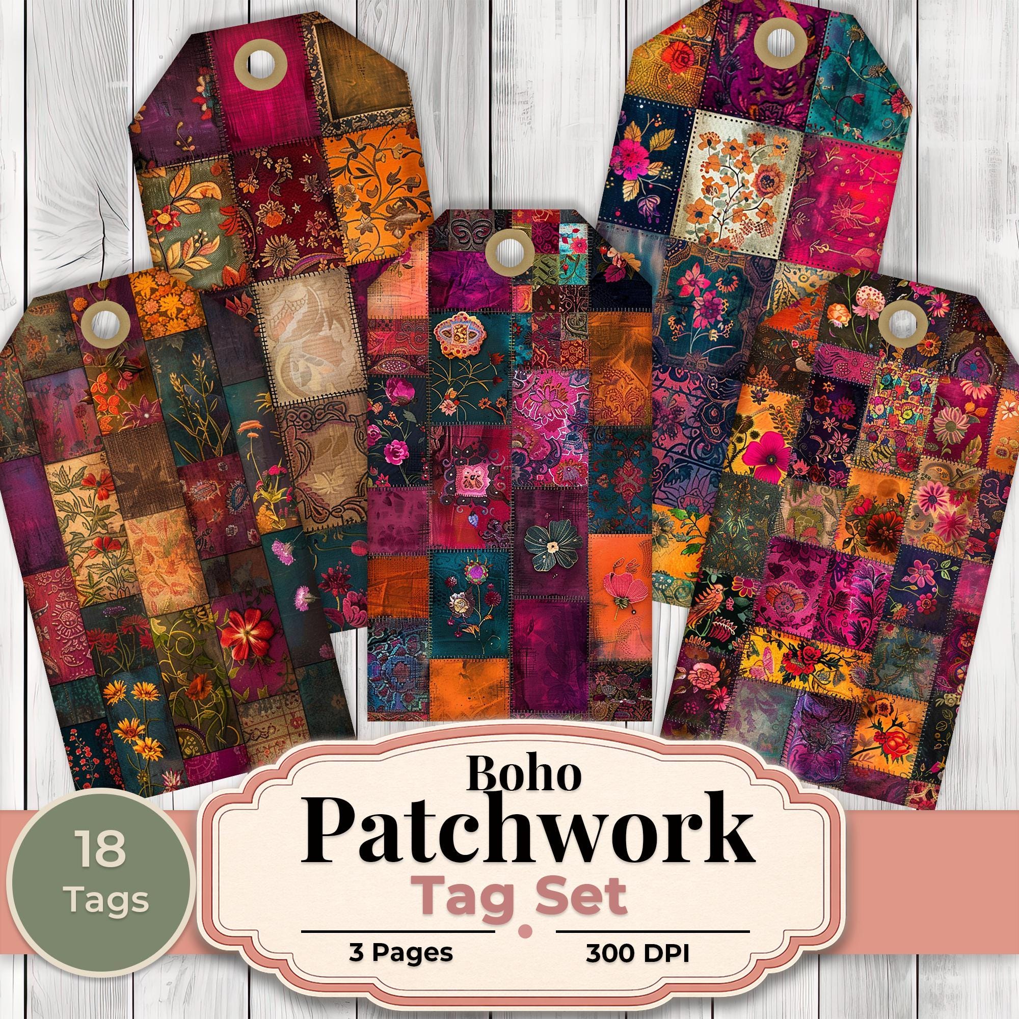 Boho Patchwork Tags - Collage Scrapbook - Patchwork Tags - Ephemera ...