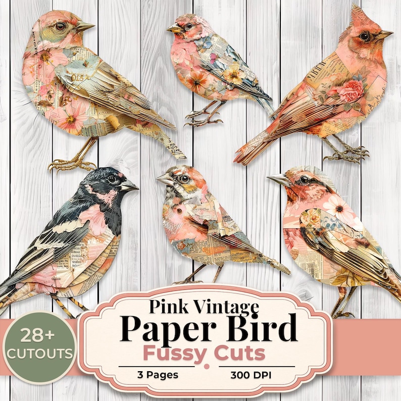 Pink Vintage Paper Birds Fussy Cuts, Bird Ephemera, Junk Journal ...