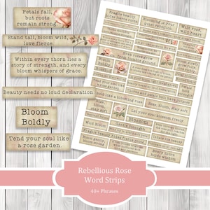 Tiras de palabras para diario Rebellious Rose - Tiras de palabras / Etiquetas efímeras / Manualidades de papel / Imágenes prediseñadas de diario basura / Recortes con precisión