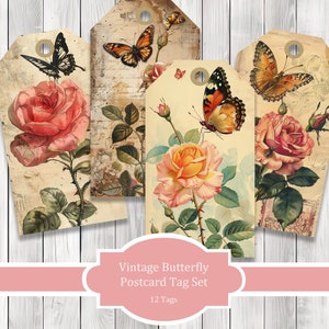 Pode incluir: Conjunto de 12 etiquetas de presente de estilo vintage com borboletas e rosas. As etiquetas são impressas em papel texturizado com um visual envelhecido. As etiquetas são perfeitas para adicionar um toque de charme vintage aos seus presentes.