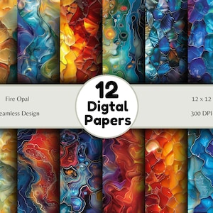 May include: Twelve digital papers featuring a seamless design of abstract, colorful, swirling patterns reminiscent of fire opal. The papers are 12 x 12 inches and 300 DPI.