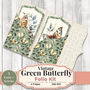 May include: A vintage folio kit with a green butterfly theme. The folio features a green background with butterfly and leaf patterns. The design includes a decorative frame with butterfly illustrations and the text "Vintage Green Butterfly Folio Kit".